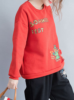 Red O-neck With Velvet Print Sweatshirt