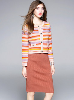 Striped Knitted Sweater & Bodycon Skirt