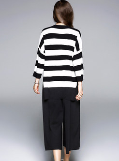 Casual Striped Knitted Sweater & Wide Leg Pants