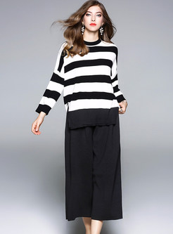 Casual Striped Knitted Sweater & Wide Leg Pants