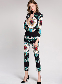 Vintage Print Turn Down Collar Two-piece Outfits