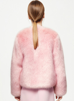 Pink O-neck Straight Coat