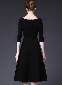 Black V-neck High Waist A-line Dress
