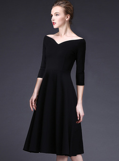 Black V-neck High Waist A-line Dress