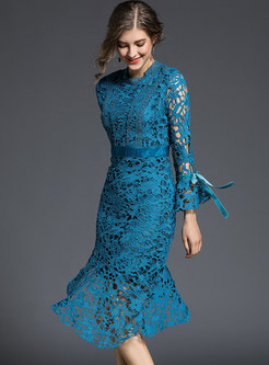 Elegant Hollow Out Flare Sleeve Asymmetric A-line Dress