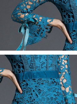 Elegant Hollow Out Flare Sleeve Asymmetric A-line Dress