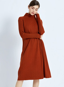 Loose Stand Collar Wrinkle Knitted Dress