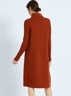 Loose Stand Collar Wrinkle Knitted Dress