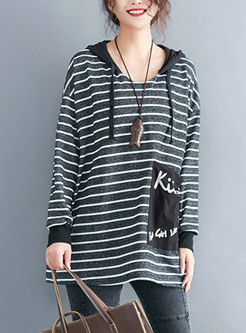 Striped Loose Hooded Patchwork T-shirt