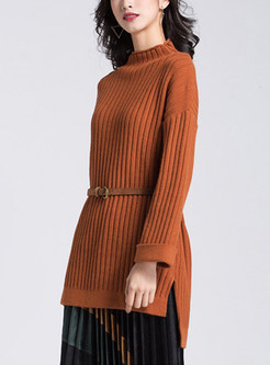 Stylish Slit Stand Collar Knitted Sweater