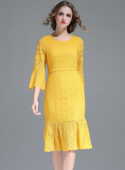 Yellow Lace Flare Sleeve Slim Mermaid Dress