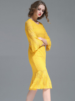 Yellow Lace Flare Sleeve Slim Mermaid Dress
