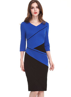 Stitching Contrast Color V-neck Bodycon Dress