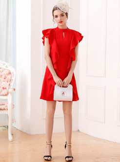 Red Elegant Falbala Sleeveless Shift Dress
