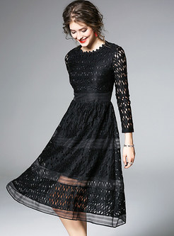Hollow Out Belted Lace Skater Dress