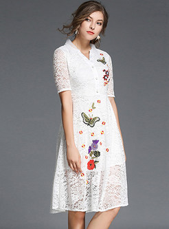 Lace Embroidered Mesh V-neck Skater Dress