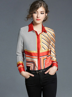 Stylish Color-blocked Turn Down Collar Blouse