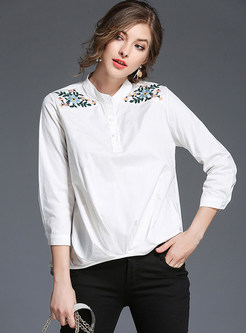 White Stand Collar Embroidered Asymmetric Blouse