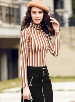Striped Stand Collar Slim Knitted Sweater