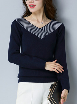 Stylish V-neck Striped Slim Knitted Sweater