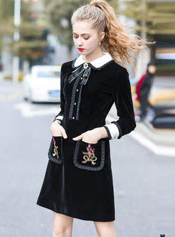 Black Turn Down Collar Embroidered Nail Bead A-line Dress