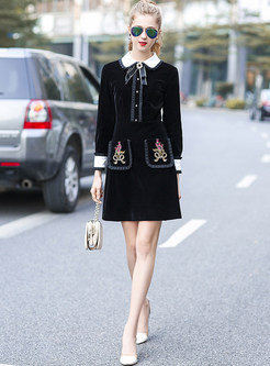 Black Turn Down Collar Embroidered Nail Bead A-line Dress