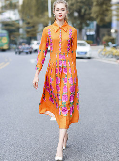 Orange Floral Print A-line Pleated Dress