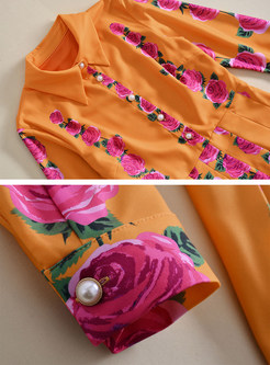 Orange Floral Print A-line Pleated Dress