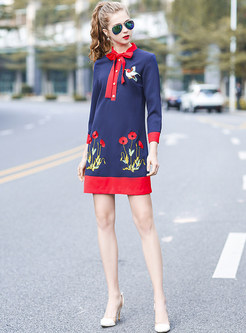 Hit Color Embroidered Stand Collar Shift Dress