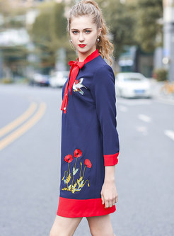 Hit Color Embroidered Stand Collar Shift Dress