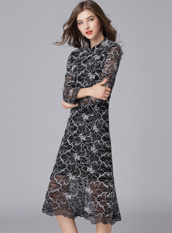 Vintage Lace Stand Collar A-line Dress