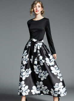 Black Floral Print Big Hem Maxi Dress
