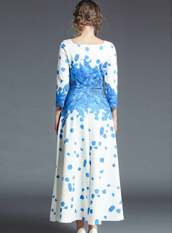 Blue Elegant Print Gathered Waist Maxi Dress