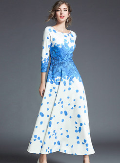 Blue Elegant Print Gathered Waist Maxi Dress