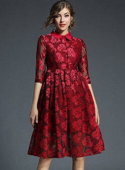 Sequins Lace High Waist Embroidered Skater Dress