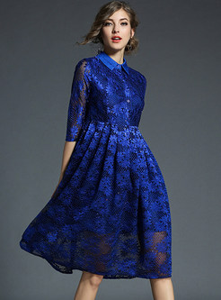 Sequins Lace High Waist Embroidered Skater Dress