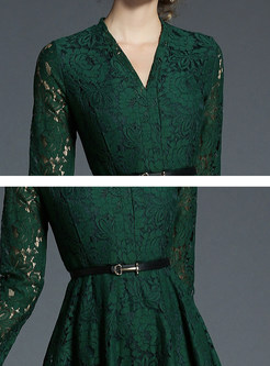 Green V-neck Belted Embroidered Skater Dress