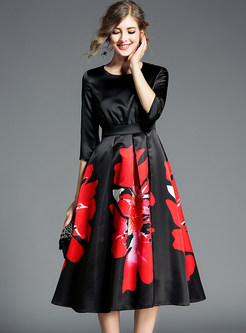 Black Print Belted Contrast Color Skater Dress