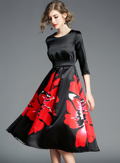 Black Print Belted Contrast Color Skater Dress