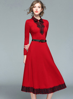 Red Lace Stitching Belted Skater Dress