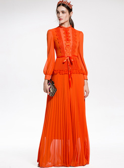 Orange Falbala Lace Tied Maxi Dress