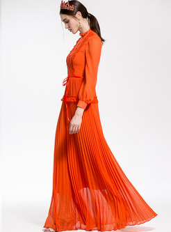 Orange Falbala Lace Tied Maxi Dress
