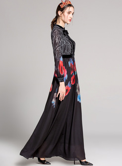 Black Print Tied-collar Slim Maxi Dress