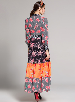 Chic Floral Print Stand Collar Maxi Dress