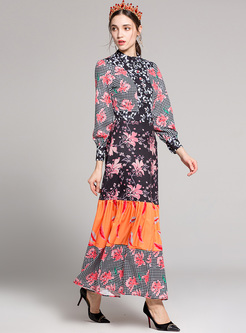Chic Floral Print Stand Collar Maxi Dress