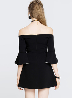 Black Slash Neck Flare Sleeve Mini A-line Dress