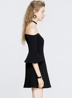 Black Slash Neck Flare Sleeve Mini A-line Dress