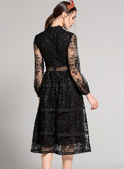 Black Perspective Mesh Embroidery A-line Dress