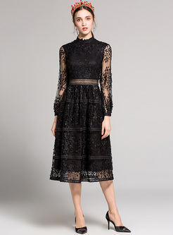Black Perspective Mesh Embroidery A-line Dress