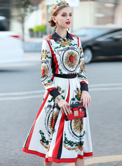 Vintage Print Splicing Pleated Skirt Two-piece Outfits